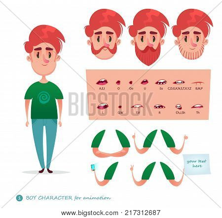 Boy character for your scenes.Parts of body template for design work and animation. Funny cartoon.Vector illustration isolated on white background. Set for character speaks animations.Hipster beard