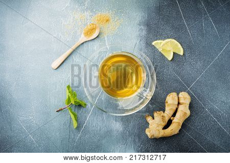 Greek salad in ceramic plate on gray concrete background. Traditional Greek dish. Selective focus.Top view.
