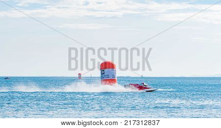 Chonburi, Thailand-november 26, 2017 : F3 Boat With Beautiful Sky And Sea In Bangsaen Power Boat 201