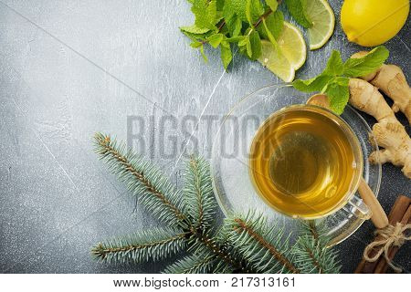 Greek salad in ceramic plate on gray concrete background. Traditional Greek dish. Selective focus.Top view.