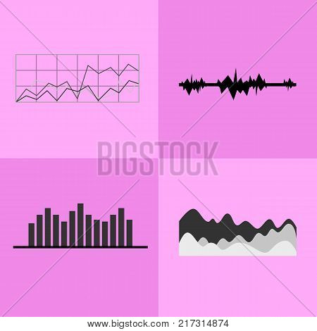 Line and bar graphs icons with vertical and horizontal axises, coordinate systems with grids and charts vector illustration isolated on pink background