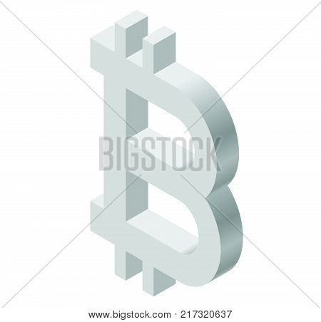 Bitcoin mark in isometric perspective. Modern symbol, cryptocurrency in minimalist gray stylization. Graphic icon of virtual digital currency, internet investing. Cloud mining brand, electronic money