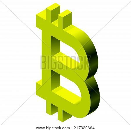 Gold bitcoin mark in isometric perspective. Modern symbol, cryptocurrency in minimalist stylization. Graphic icon of virtual digital currency, internet investing. Cloud mining brand, electronic money