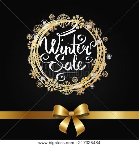 Winter sale poster in decorative frame made of golden snowflakes, snowballs of gold in x-mas border isolated on black vector decorated by gift ribbon
