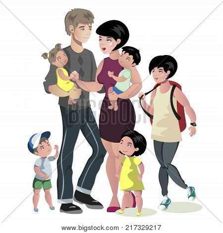 Happy Caucasian Family With Many Children. Vector illustration