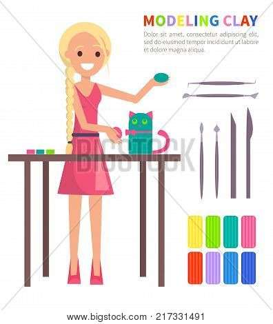 Modeling clay banner with woman making cat with special metal tools. Handmade conceptual poster in flat style design isolated on white