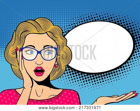 Pop art surprised female face with open mouth. Comic woman in glasses with speech bubble. Retro dotted background. Stock vector illustration.