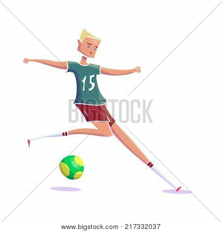 Hand Drawn Cartoon Running Soccer Player with Ball. Vector illustration