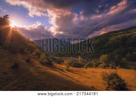 caucasus, georgian mountains beautiful summer evening valley