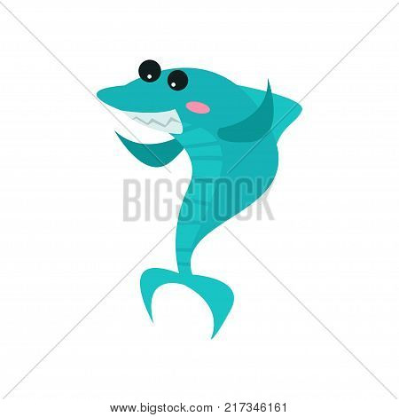 Cute cheerful shark cartoon character, funny blue fish vector Illustration on a white background