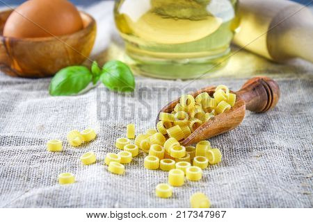 Ditalini macaroni. Pasta rings. Tubettini and thimbles Anellini