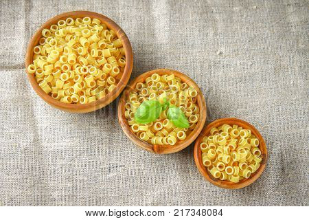 Ditalini macaroni. Pasta rings. Tubettini and thimbles Anellini