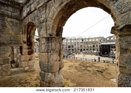 PULA CROATIA - SEPTEMBER 1 2017: The Pula arena in Croatia. The Pula arena is a Roman amphitheatre and the best preserved ancient monument in Croatia.