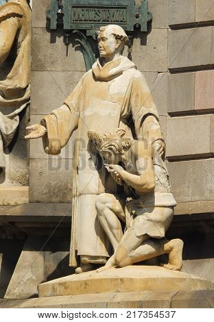 Detail of the Columbus Monument,  a 60 m tall monument to Christopher Columbus at the lower end of La Rambla, Barcelona, Catalonia, Spain