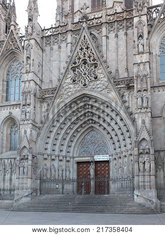 detail of the front facade of the  Cathedral of the Holy Cross and Saint Eulalia,  Barcelona.