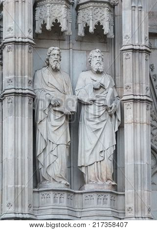 detail of the front facade of the  Cathedral of the Holy Cross and Saint Eulalia,  Barcelona.
