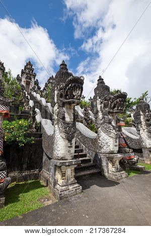 The sculpture in front of stair in Pura Penataran Agung Lempuyang in Bali indonesia