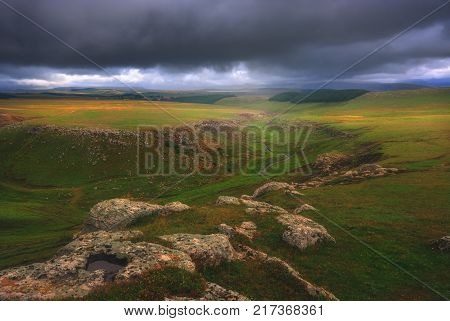 landscape of beautiful foggy valley in georgia, caucasus