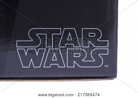 LONDON UK - OCTOBER 10TH 2017: A close-up of the Star Wars logo on a product item the Star Wars franchise is owned by Disney on 10th October 2017.