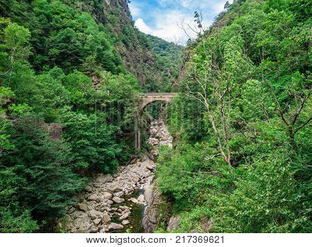 Casletto Bridge in Val Grande National Park in Piedmont, Italy