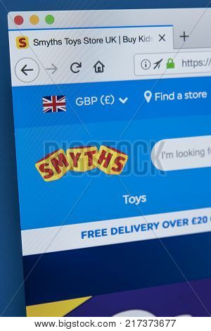 LONDON UK - NOVEMBER 28TH 2017: The homepage of the official website for Smyths - the Irish toys retailer on 28th November 2017.