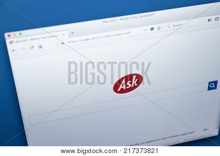 LONDON UK - NOVEMBER 22ND 2017: The homepage of Ask.com - a question answering-focused e-business and web search engine on 22nd November 2017.