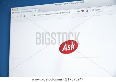 LONDON UK - NOVEMBER 22ND 2017: The homepage of Ask.com - a question answering-focused e-business and web search engine on 22nd November 2017.
