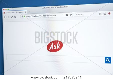 LONDON UK - NOVEMBER 22ND 2017: The homepage of Ask.com - a question answering-focused e-business and web search engine on 22nd November 2017.
