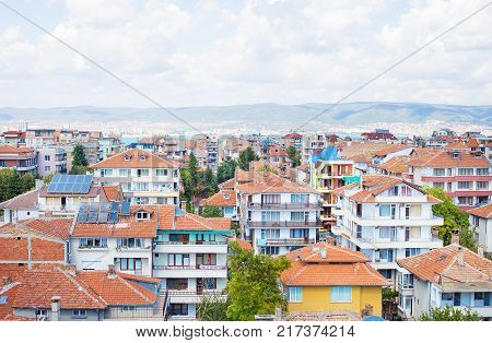 Beautiful roofs of Nessebar, view from above-summer, sun