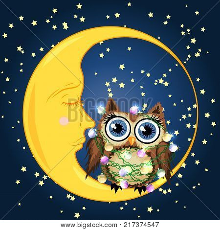 Cute cartoon brown owl tangled in garlands of light bulbs, mimicking the stars and the glow of the crescent moon sits on the slumbering against the night sky with stars