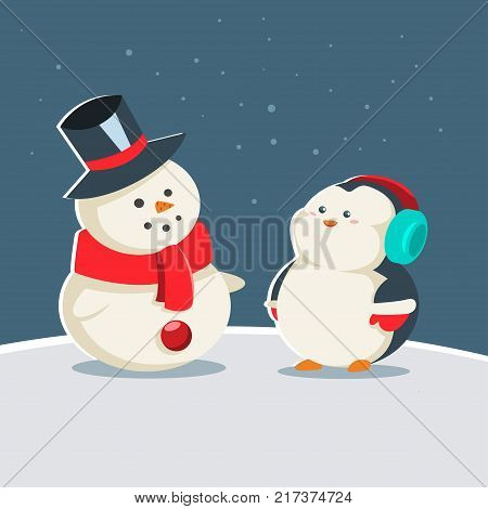 ?ute baby penguin in winter warm clothes is standing near a snowman. Vector cartoon animal character. Winter illustration.