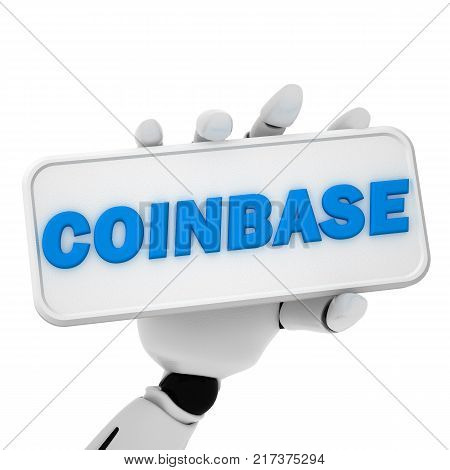 3d rendering of robotic hand hold a plate with text of coinbase