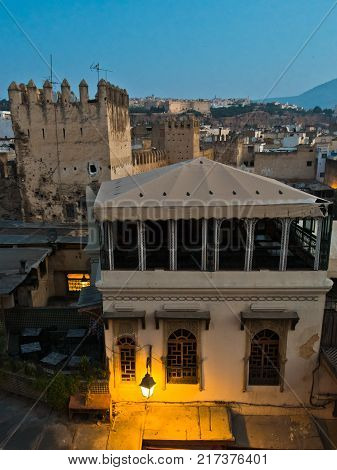 Architectural detail at blue hour, medina of Fez, Morrocco, Africa