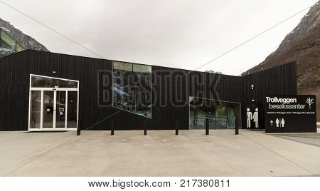 Rauma, Romsdalen in Norway - April, 19, 2017: Trollveggen visitor center at the base of Trollveggen.