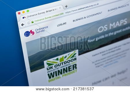 LONDON UK - NOVEMBER 17TH 2017: The homepage of the official website for the Ordnance Survey - the national mapping agency in the UK on 17th November 2017.
