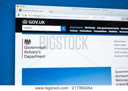 LONDON UK - NOVEMBER 17TH 2017: The homepage of the official website for the Government Actuarys Department - the UK government department responsible for providing actuarial advice to public sector clients on 17th November 2017.