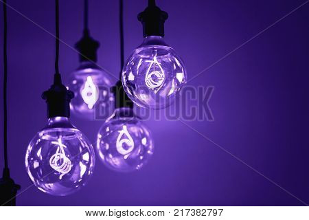 Group of Ultra Volet lamps with interesting shape of tungsten filament. . Color of the year 2018.