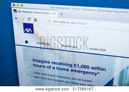 LONDON UK - NOVEMBER 20TH 2017: The homepage of the official website for AXA - the French multinational insurance company on 20th November 2017.