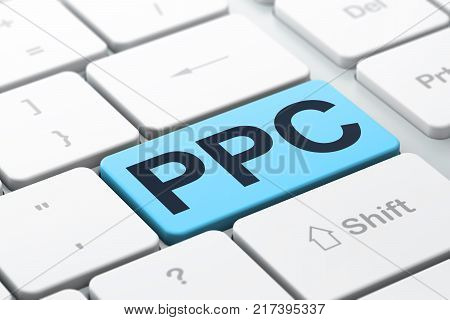 Marketing concept: computer keyboard with word PPC, selected focus on enter button background, 3D rendering