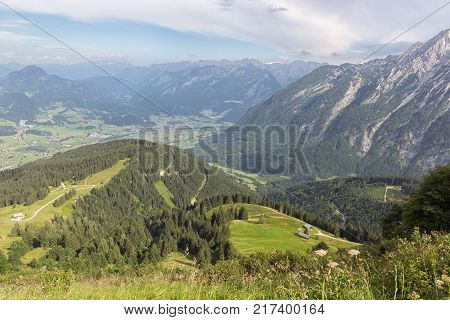 View from German Rossfeld panorama strasse at mountain ridge in Austria