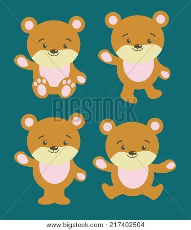 Set of cute cartoon baby bear vector illustration. Template for greeting card.