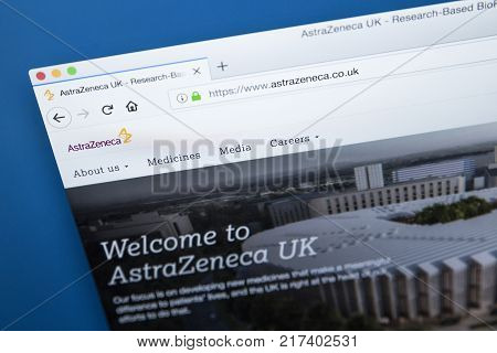 LONDON UK - NOVEMBER 25TH 2017: The homepage of the official website for AstraZeneca - the Anglo-Swedish multinational pharmaceutical and biopharmaceutical company on 25th November 2017.