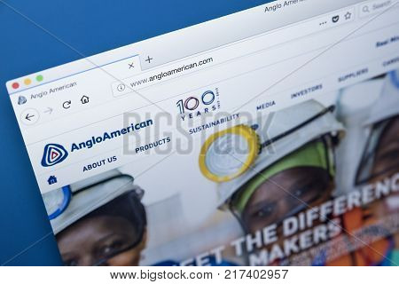 LONDON UK - NOVEMBER 25TH 2017: The homepage of the official website for Anglo American plc - the multinational mining company based in South Africa and the UK on 25th November 2017.