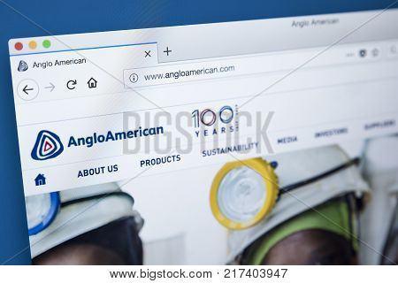 LONDON UK - NOVEMBER 25TH 2017: The homepage of the official website for Anglo American plc - the multinational mining company based in South Africa and the UK on 25th November 2017.