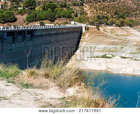 Reservoir Pantano De Siurana, Tarragona, Spain. Copy Space For Text.