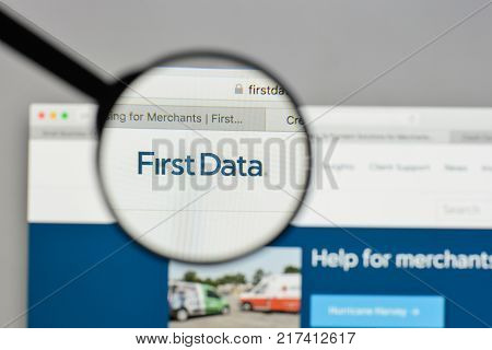 Milan, Italy - August 10, 2017: First Data Logo On The Website Homepage.