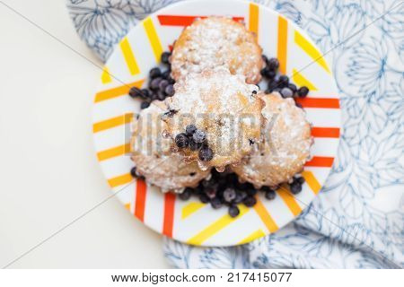 Blueberry muffins on plate and bright floral napkin, close-up