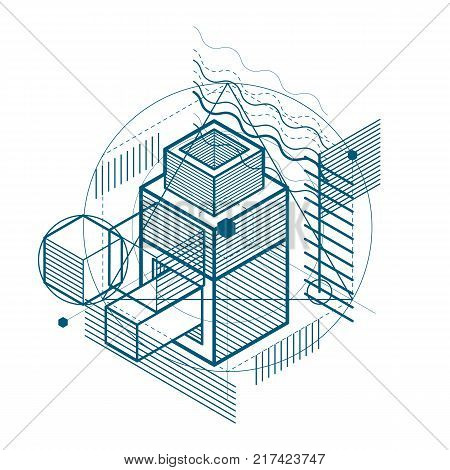 Isometric abstract background with linear dimensional shapes vector 3d mesh elements. Composition of cubes hexagons squares rectangles and different abstract elements.