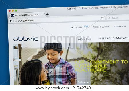 LONDON UK - OCTOBER 21ST 2017: The homepage of the official website for the pharmaceutical company AbbVie Inc on 21st October 2017.