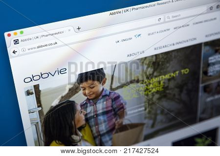 LONDON UK - OCTOBER 21ST 2017: The homepage of the official website for the pharmaceutical company AbbVie Inc on 21st October 2017.